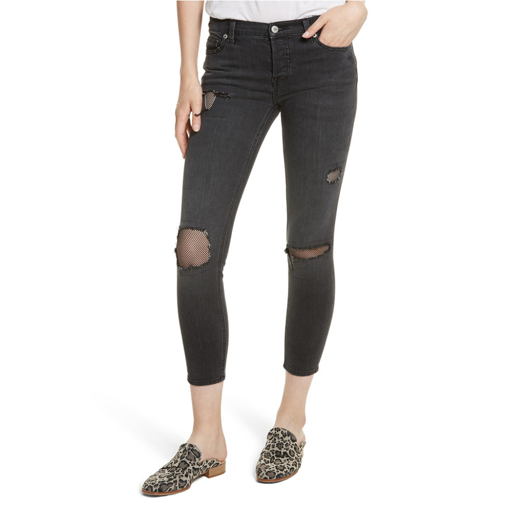 FREE PEOPLE Distressed Fishnet Skinny Jeans 30